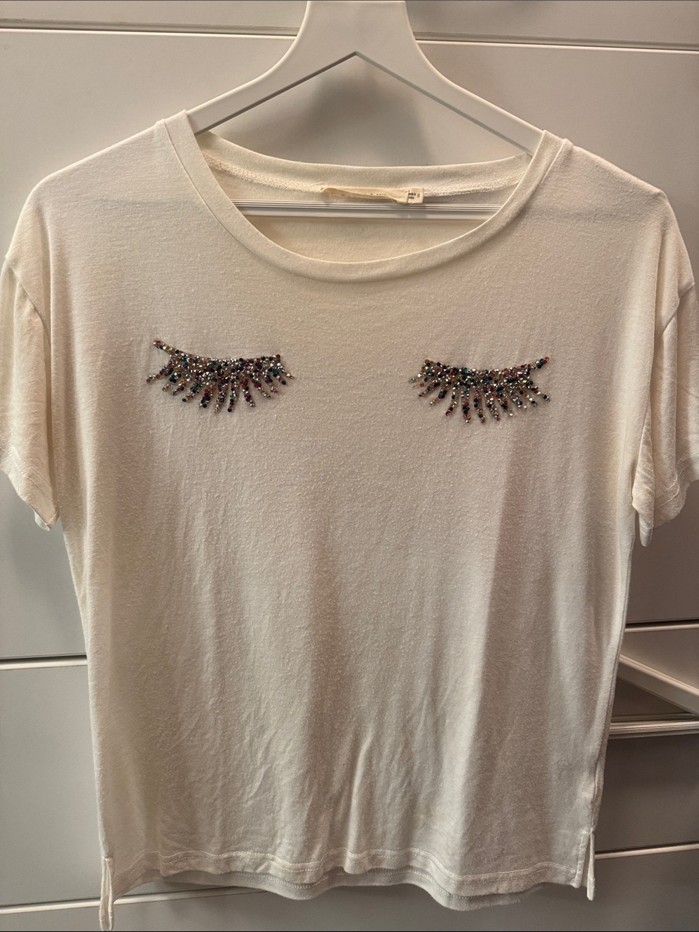 Ellison Cream Short-Sleeve Tee with Beaded Eyelash Appliqués